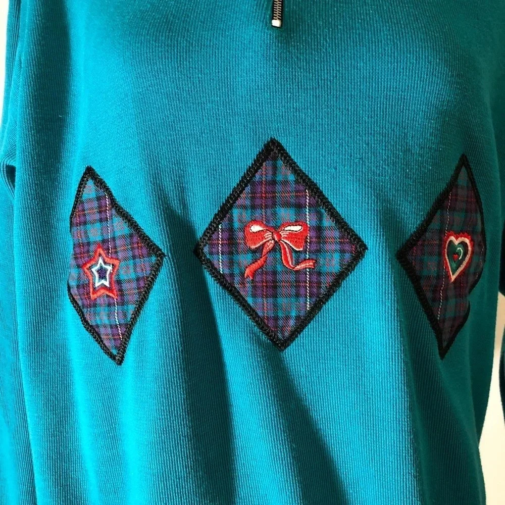 KORET SPORT Vintage Turquoise Pullover Funnel Neck Zip Plaid Patchwork Sweater